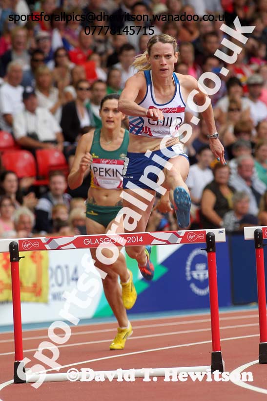 Eilidh Child (Scotland) in the heats of the 400 metres hurdles at the Commonwealth Games, Glasgow. Photo: David T. Hewitson/Sports for All Pics
